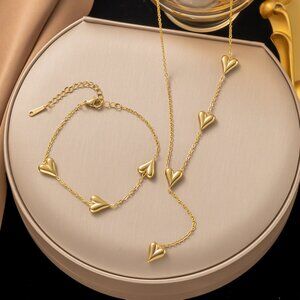 Gold Necklace & Bracelet Set with Heart Accent, Stainless Steel 18K Gold Plated